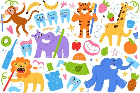 Animals brush teeth with fruit toothpaste, dental care illustrations for Illustrazione stock