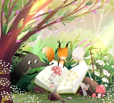 Animals Characters Read and Study Book in Forest Illustrazione stock