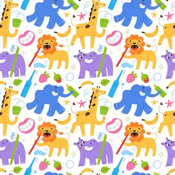Animals clean teeth with tooth brush, toothpaste for children with fruit taste Stock Illustration