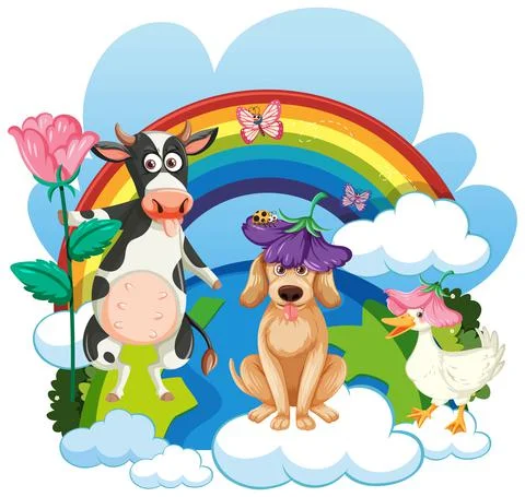 Animals on cloud with rainbow Stock Illustration