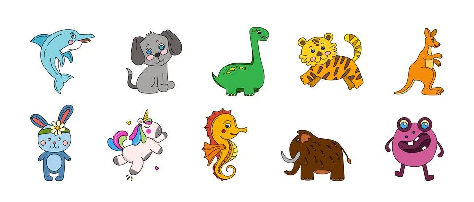 Animals Cute Doodle Set Vector Color Illustration Isolated on White Stock Illustration