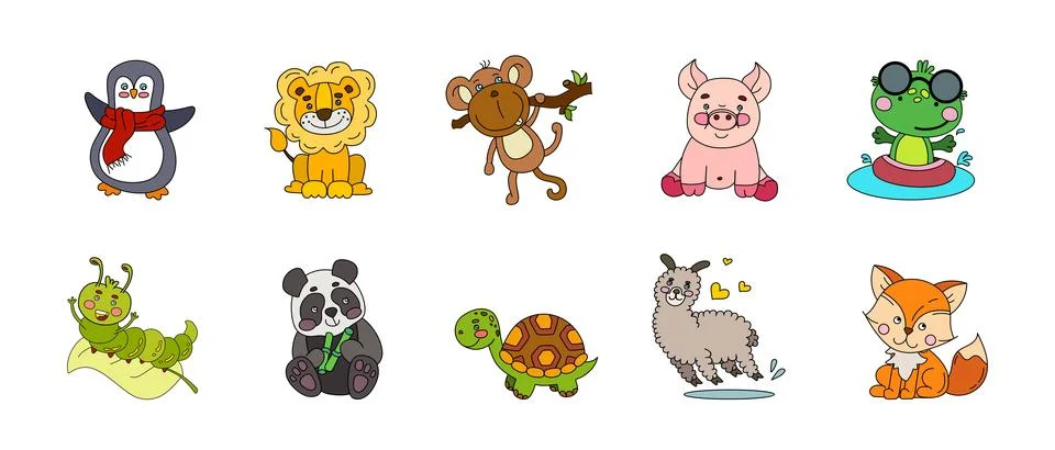 Animals Cute Doodle Set Vector Color Illustration Isolated on White Stock Illustration