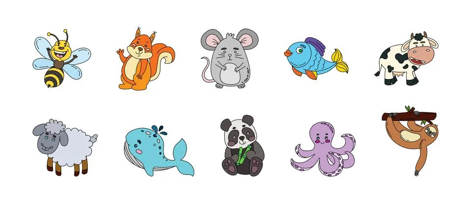 Animals Cute Doodle Set Vector Color Illustration Isolated on White Stock Illustration