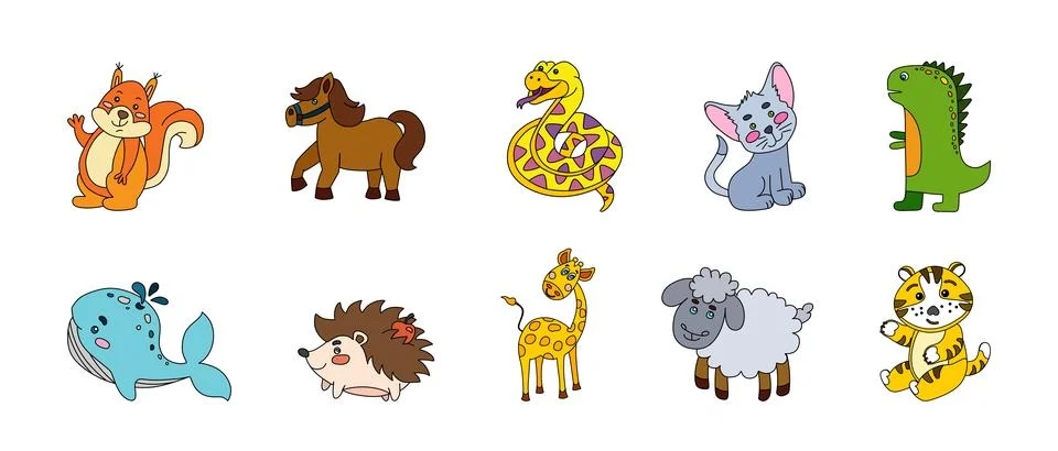 Animals Cute Doodle Set Vector Color Illustration Isolated on White Stock Illustration