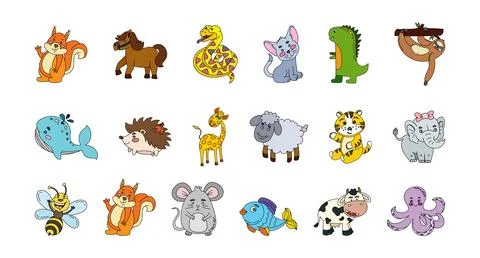 Animals Cute Doodle Set Vector Color Illustration Isolated on White Stock Illustration