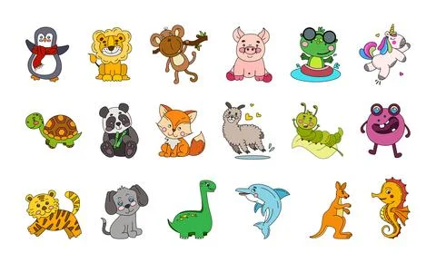 Animals Cute Doodle Set Vector Color Illustration Isolated on White Stock Illustration