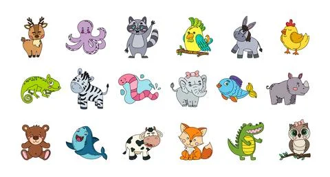 Animals Cute Doodle Set Vector Color Illustration Isolated on White Stock Illustration