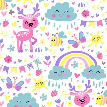 Animals cute kids pattern with cloud, rainbow, berries and flowers, seamles.. Stock Illustration