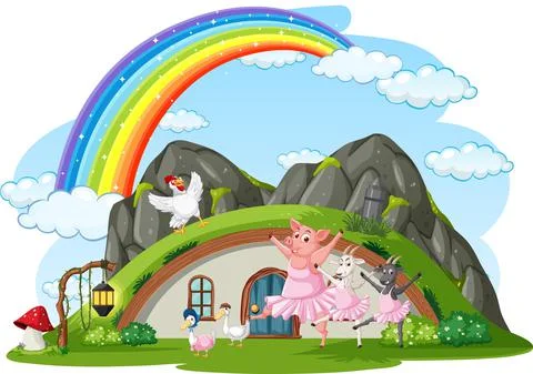 Animals dancing at hobbit house on white background Illustrazione stock
