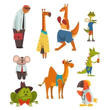 Animals of Different Professions Set, Sloth, Giraffe, Kangaroo, Frog, Parrot イラスト素材