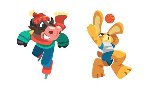 Animals doing sports set. Rabbit and bull characters skating and playing Stock Illustration