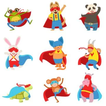 Animals Dressed As Superheroes With Capes And Masks Set Illustrazione stock