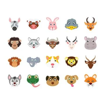 Animals Flat Colored Vector Icons Set Stock Illustration