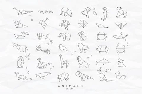 Animals flat origami set crumpled 스톡 일러스트