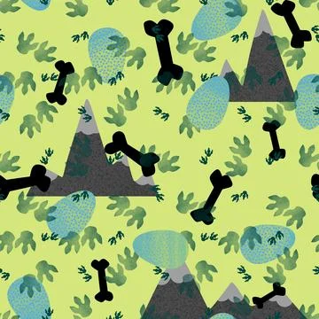 Animals footprints seamless dinosaur and eggs pattern for wrapping paper Stock Illustration