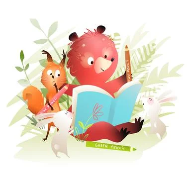 Animals in Forest Drawing or Reading Book Stock Illustration