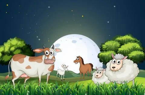 Animals at the forest strolling in the middle of the night Stock Illustration