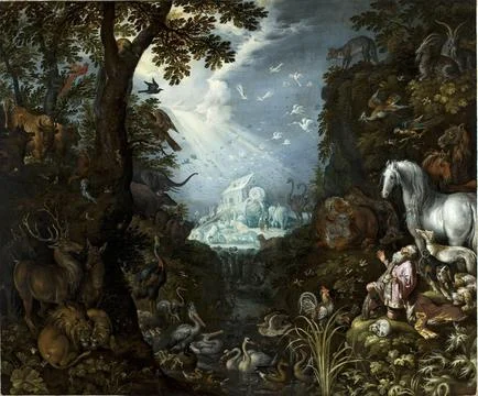 The animals gather in front of the ark Noahs ark was according to the biblical Stock Illustration