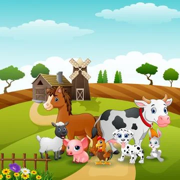 Animals group at the path of farm Stock Illustration
