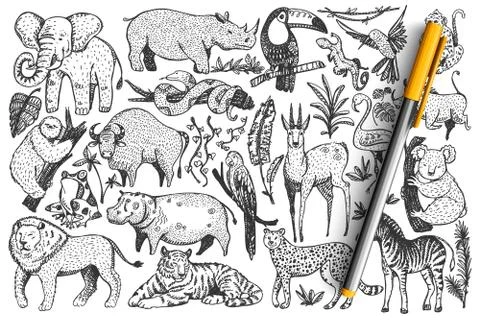 Animals hand drawn doodle set Stockillustratie