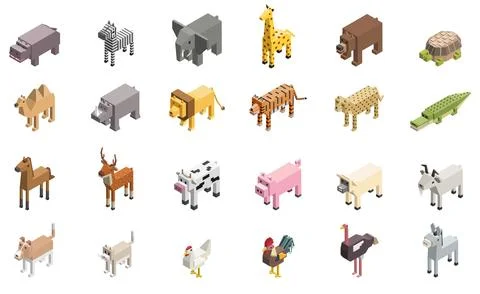 Animals isometric flat style vector isolated illustrations Stock Illustration