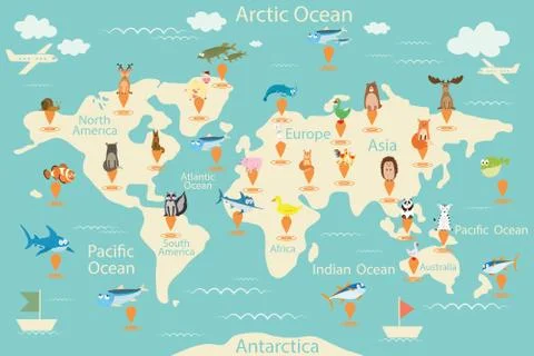 Animals, map of the world. World map for children. Animals poster. Continent  Stock Illustration