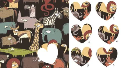 Animals Match pieces, visual game. Solution in hidden layer! Stock Illustration