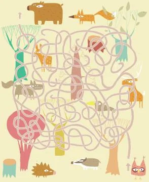 Animals Maze Game. Solution in hidden layer! Stock Illustration