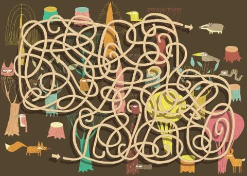Animals Maze Game. Solution in hidden layer! Stock Illustration