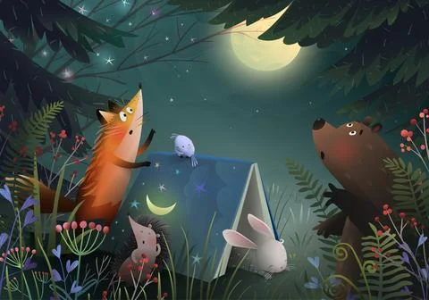 Animals in Moon Forest Sleeping Book Illustration Stock Illustration