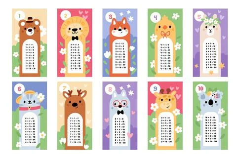 Animals multiplication table. Childish funny educational stickers, mathematics Illustration