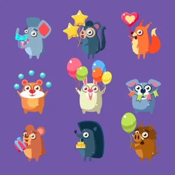 Animals With Party Elements Set Stock Illustration