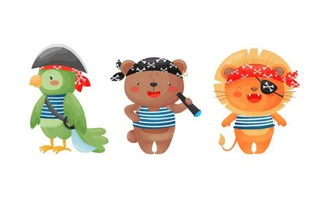 Animals Pirate in Corsair Hat with Crossed Bones and Saber Vector Set イラスト素材