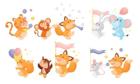 Animals Playing Flute, Carrying Flags and Juggling the Balls Vector Set イラスト素材