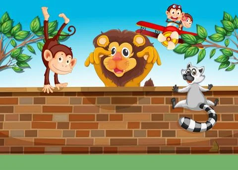 Animals playing at the gated backyard Stock Illustration