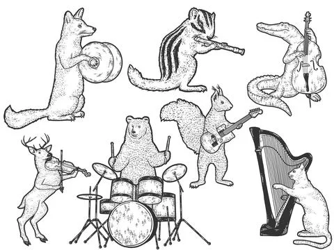 Animals playing musical instruments set, musician animals cartoon characters Stock Illustration