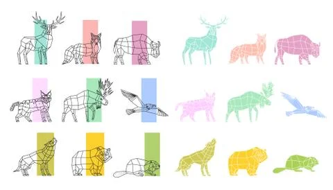 Animals Polygonal Linear Set Stock Illustration