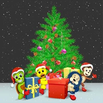 Animals with presents and Christmas tree Stock Illustration