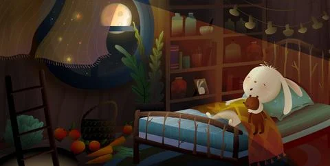 Animals Rabbit and Teddy bear Sleeping in Bedroom Stock Illustration
