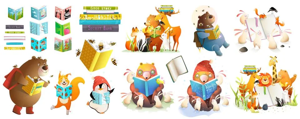 Animals Read Book or Study Clipart School Bundle Stock Illustration