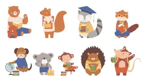 Animals read books vector illustration, cartoon flat clever animalistic イラスト素材
