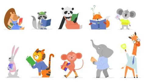 Animals read, study vector illustration set, cartoon flat smart animal kid Stockillustratie
