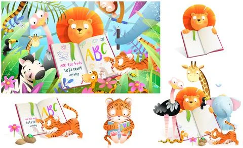 Animals Read Write and Study at Jungle School Illustrazione stock
