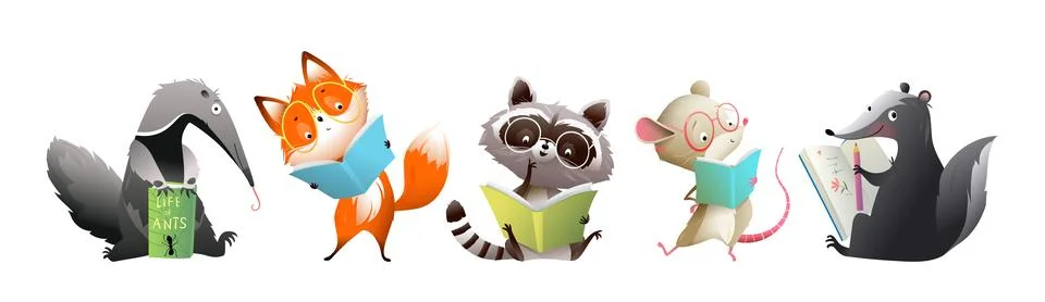 Animals Reading Books or Study Collection for Kids Stock Illustration