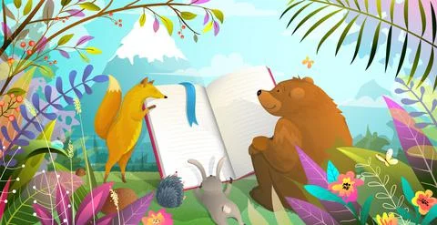 Animals Reading or Studying Book in Forest Illustrazione stock