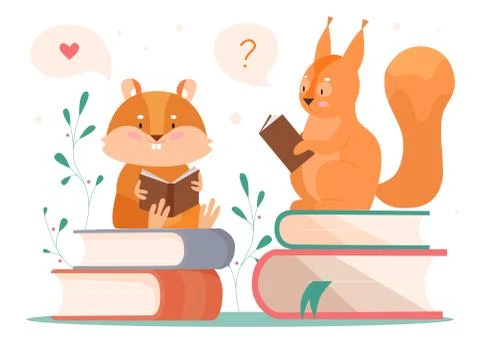 Animals reading vector illustration, cartoon flat clever beaver and squirrel イラスト素材