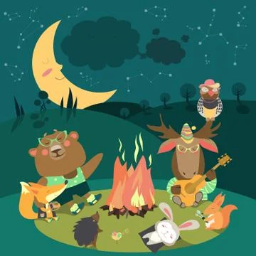 Animals resting around bonfire Illustrazione stock