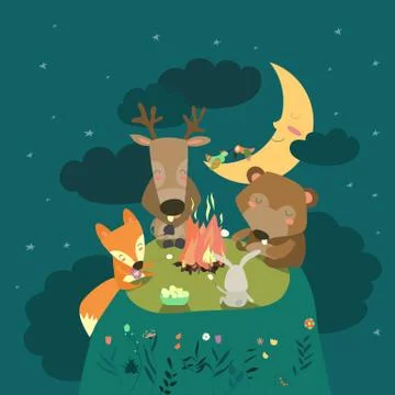 Animals resting around bonfire Stock Illustration