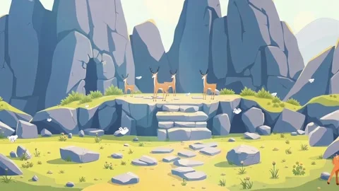 Animals by Rock Steps: Landscape Art with Deer in Nature Stock Footage 305435133