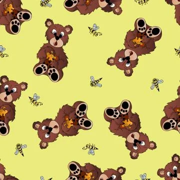 Animals, seamless pattern with a bear that eats honey with a pot and bees. 스톡 일러스트